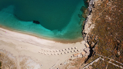 Aerial drone panoramic view of famous and picturesque town of Andros island, Cyclades, Greece