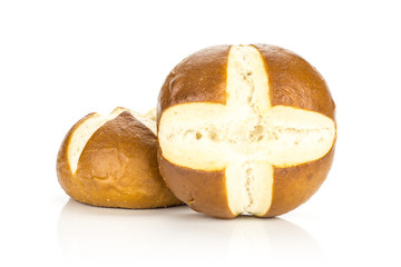 Two bavarian bread buns isolated on white background fresh baked loaves.