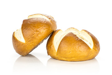 Bavarian bread buns isolated on white background two fresh baked loaves.