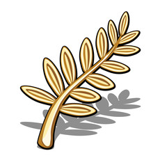 Golden olive branch isolated on white background. Vector cartoon close-up illustration.