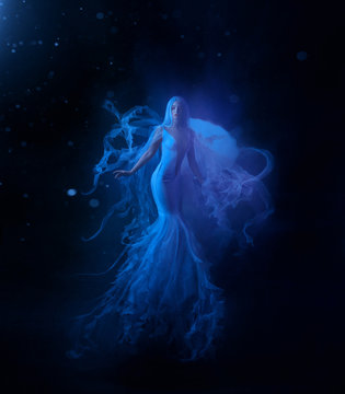 A jellyfish girl floating in levitation on a dark ocean floor. A beautiful, white dress and a hat with tentacles fluttering about the water. Space, alien creation. Art photo.