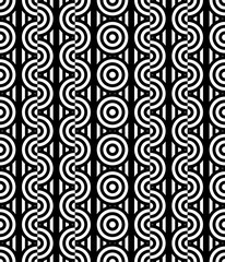 Seamless pattern with circles and striped black white straight lines. Optical illusion effect. Geometric tile in op art style. Vector illusive background for cloth, textile, print, web.