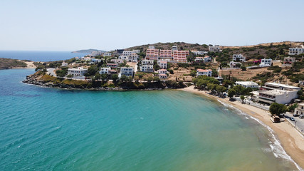 Aerial drone panoramic view of famous and picturesque town of Andros island, Cyclades, Greece