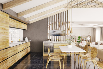Modern wooden kitchen interior 3d rendering