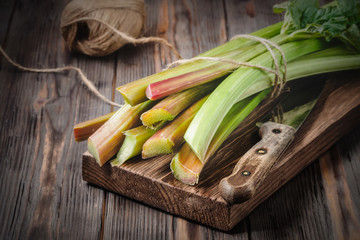 Stems of fresh young rhubarb