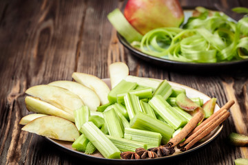 Stems of fresh young rhubarb