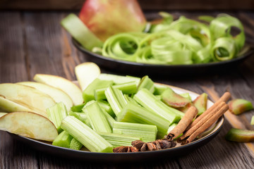 Stems of fresh young rhubarb
