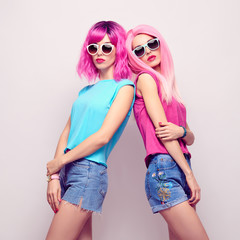 Two Hipster Girl, Pink Fashion Hairstyle in Studio