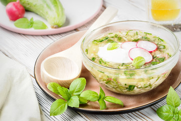 Cold summer soup of okroshka from vegetables