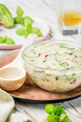 Cold summer soup of okroshka from vegetables