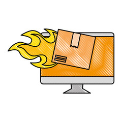 packing box carton with flame in computer vector illustration design