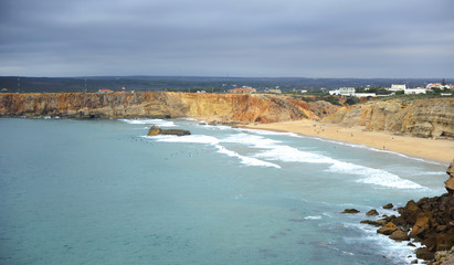 Beach of Tonel in Sagres, one of the most visited by European surfers. Algarve, south of Portugal.