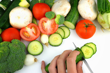 Preparation of vegetables on a white background