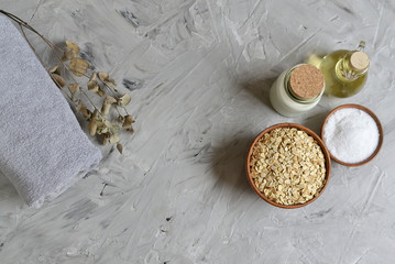 Natural Ingredients for Homemade Oatmeal Milk Body Face Scrub Beauty Concept Organic Healthy Lifestyle