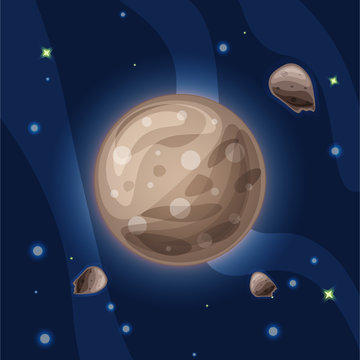 ganymede, vector cartoon illustration. The largest and massive moon of Jupiter, Ganimed, of Solar system in dark deep blue space, isolated on blue background