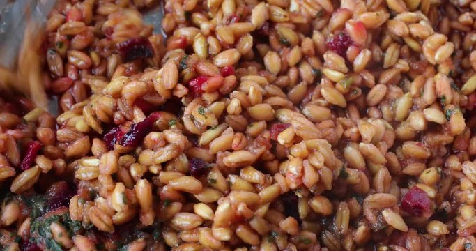 Video of stirring cooked farro with beets and spinach and seasonings in a pan with a fork.