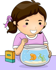 Fish Pet Kid Girl Feeding Illustration