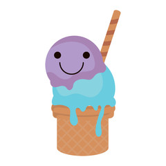 kawaii ice cream cone icon over white background, colorful design. vector illustration