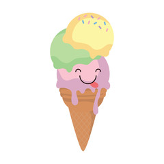 kawaii ice cream cone icon over white background, colorful design. vector illustration