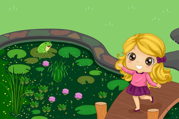 Kid Girl Pond Play Frog Illustration