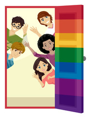 Teens Rainbow Door Lgbt Illustration