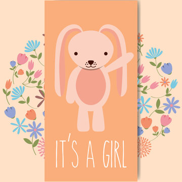 cute pink rabbit baby shower its a girl card