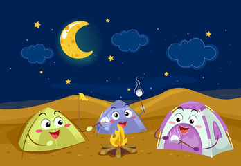 Mascots Camp Tent Night Desert Illustration