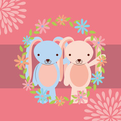 cute couple rabbits boy and girl floral decoration