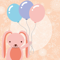cute pink rabbit holding balloons party