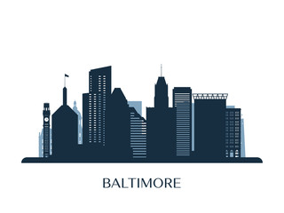 Baltimore skyline, monochrome silhouette. Vector illustration.