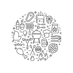 Barbeque illustration made in line style vector. Includes the icons of the barbecue, bonfire, grill, glove, cutlery, meat, ketchup, spices, shish kebab, sausage, beer, burger, marshmallow and etc.
