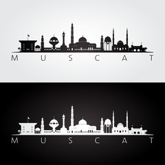 Muscat skyline and landmarks silhouette, black and white design, vector illustration. - obrazy, fototapety, plakaty