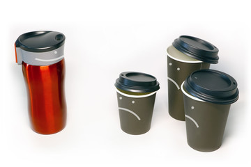 Ecology! Reusable metal cup and disposable paper cups with faces
