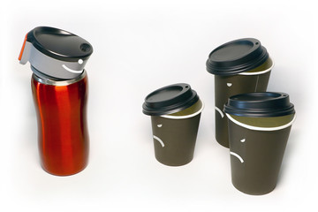 Ecology! Reusable metal cup and disposable paper cups with faces