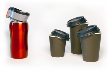 Ecology! Reusable metal cup and disposable paper cups