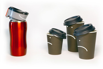 Ecology! Reusable metal cup and disposable paper cups with faces