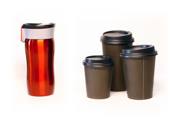 Ecology! Reusable metal cup and disposable paper cups