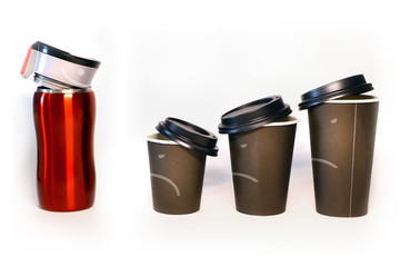 Ecology! Reusable metal cup and disposable paper cups with faces