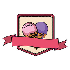 shield badge with ice cream cones and decorative ribbon over white background, vector illustration