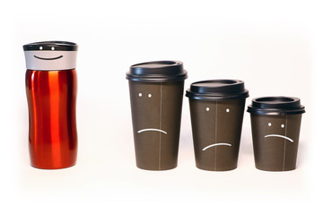 Ecology! Reusable metal cup and disposable paper cups with faces