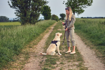 Junge Frau unterrichtet ihren Hund