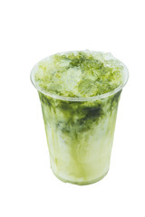 isolated matcha green tea milk with ice in plastic takeaway cup on white background