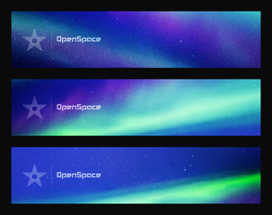 Set of horizontal banners with beautiful starry sky and Northern lights. Vector illustration with aurora borealis. Abstract colorful headers for website