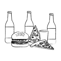 beer bottles with pizza and hamburgers icon over white background, vector illustration