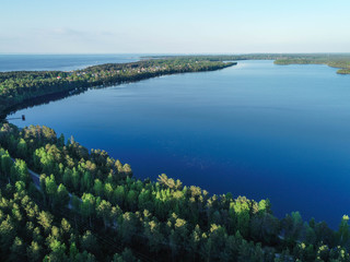 high view of the Gulf of Finland, forest and Islands at sunset 