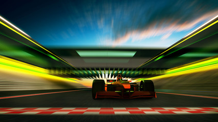 Sport racing car driver pass the finishing line achieve the champion dreame , motion blur and lighting effect apply . 3D rendering and mixed media composition . - obrazy, fototapety, plakaty