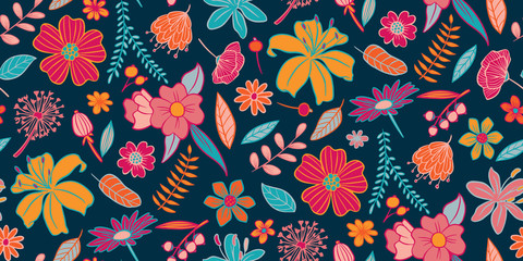Floral blue background seamless pattern.