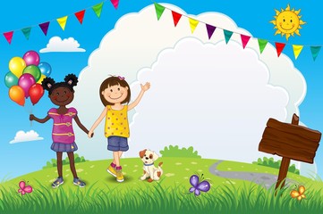 Obraz na płótnie Canvas Happy Little Girls With Balloons Outdoors