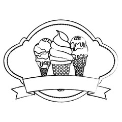 sketch of VIntage badge with decorative ribbon and ice creams cones icon over white background, vector illustration