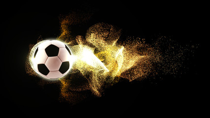 A 3D rendering of a football or  soccerball with flowing fire particles trail on a black background
